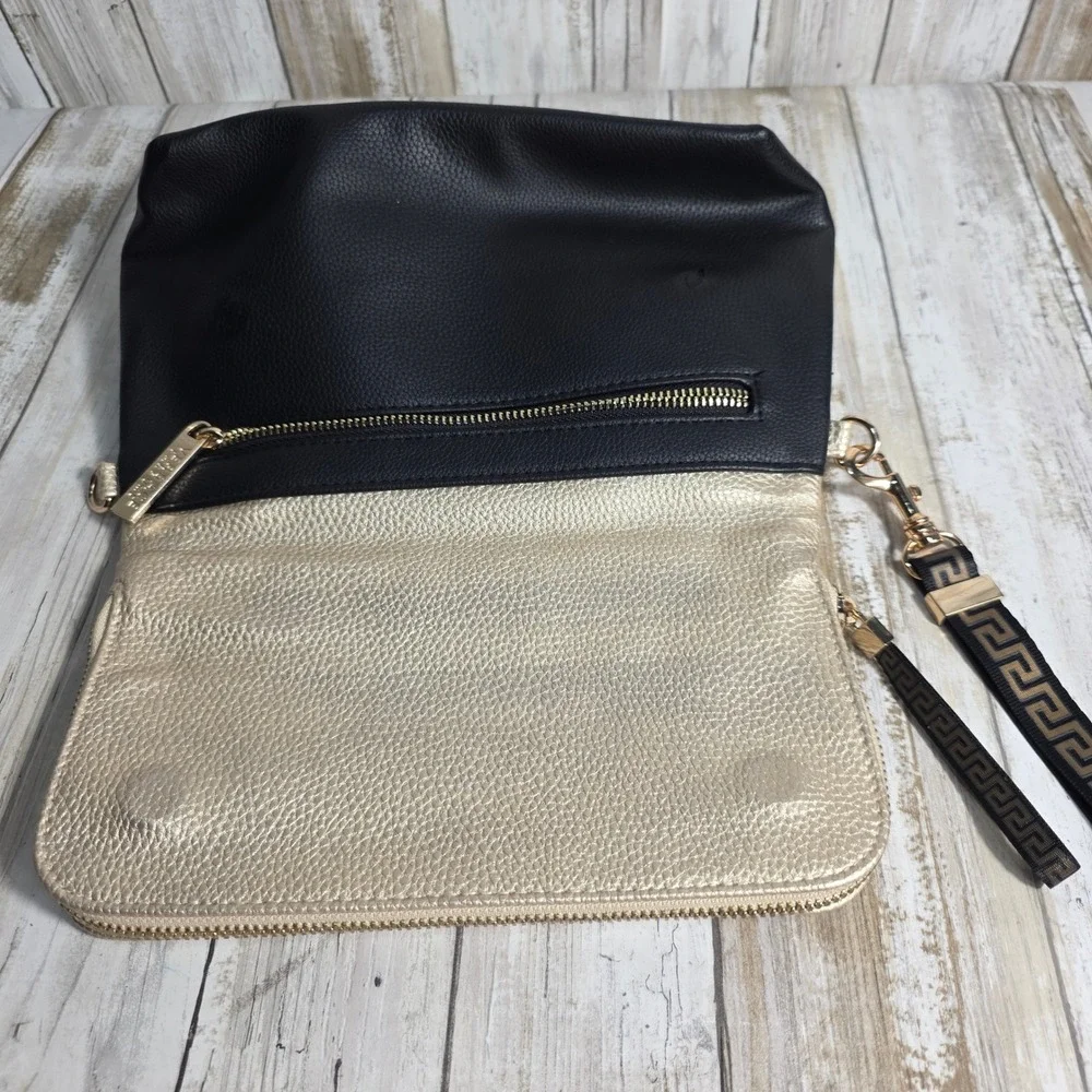 Versace Parfums Black Gold Pebbled Faux Leather Medusa Foldover Clutch Bag